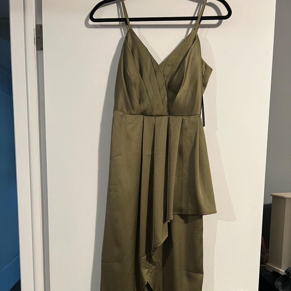 Lulu’s Olive Green Satin High Low Midi